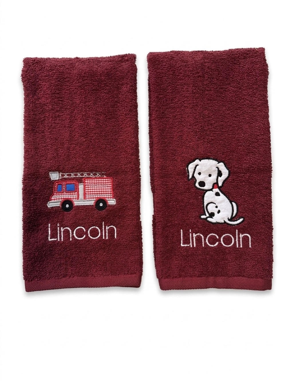 Personalized  Kids Hand Towels - Burgundy with Fire Truck & Dalmatian